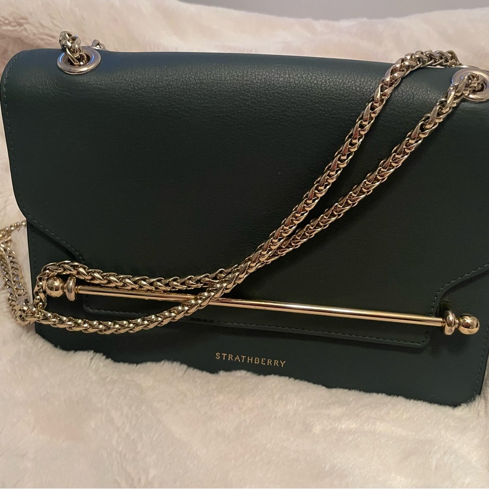 Strathberry Dark Green Crossbody with Gold Chain